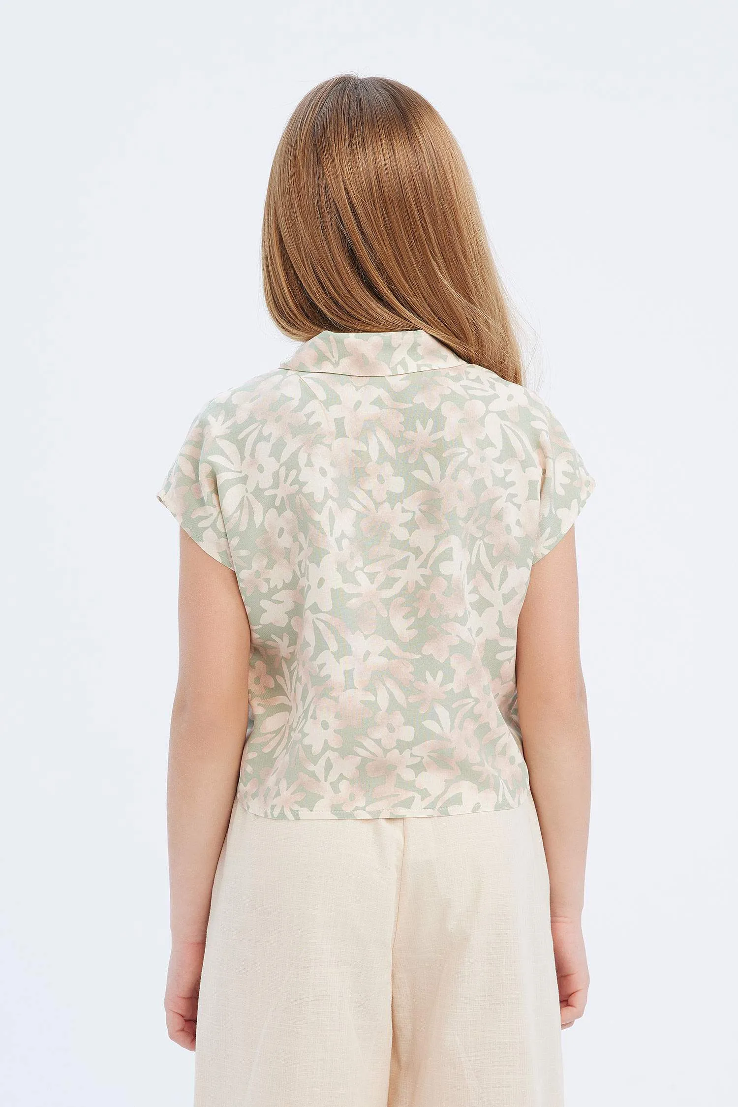 Girls Crop Cotton Pattern Short Sleeve Shirt