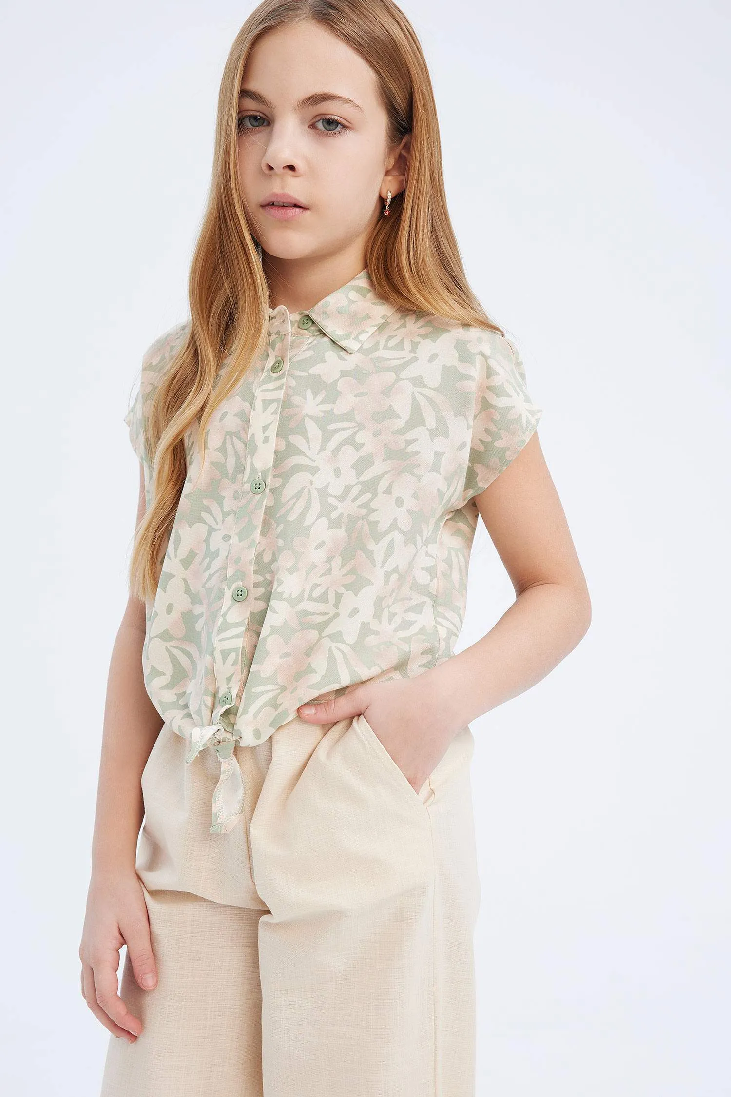 Girls Crop Cotton Pattern Short Sleeve Shirt