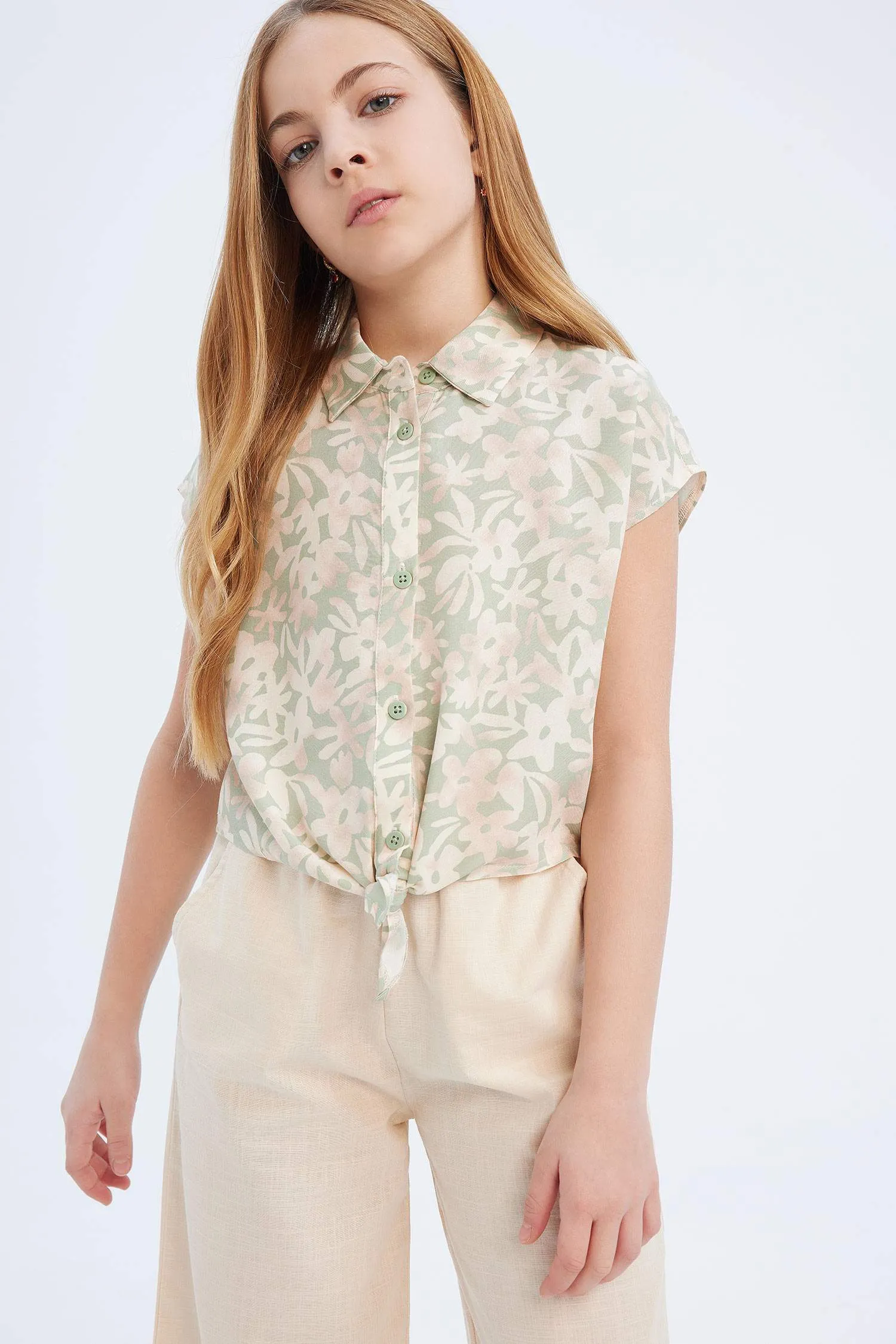 Girls Crop Cotton Pattern Short Sleeve Shirt