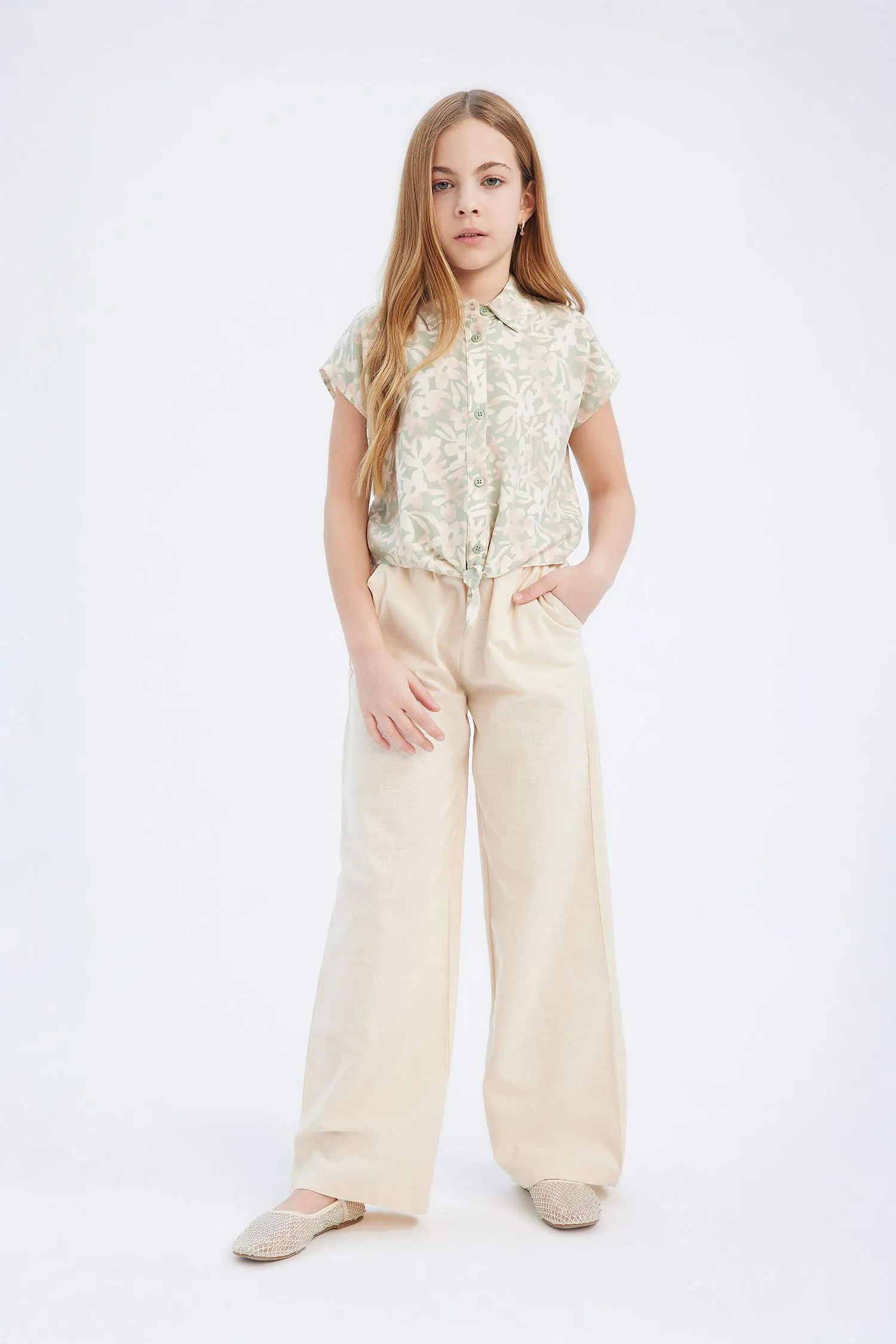 Girls Crop Cotton Pattern Short Sleeve Shirt