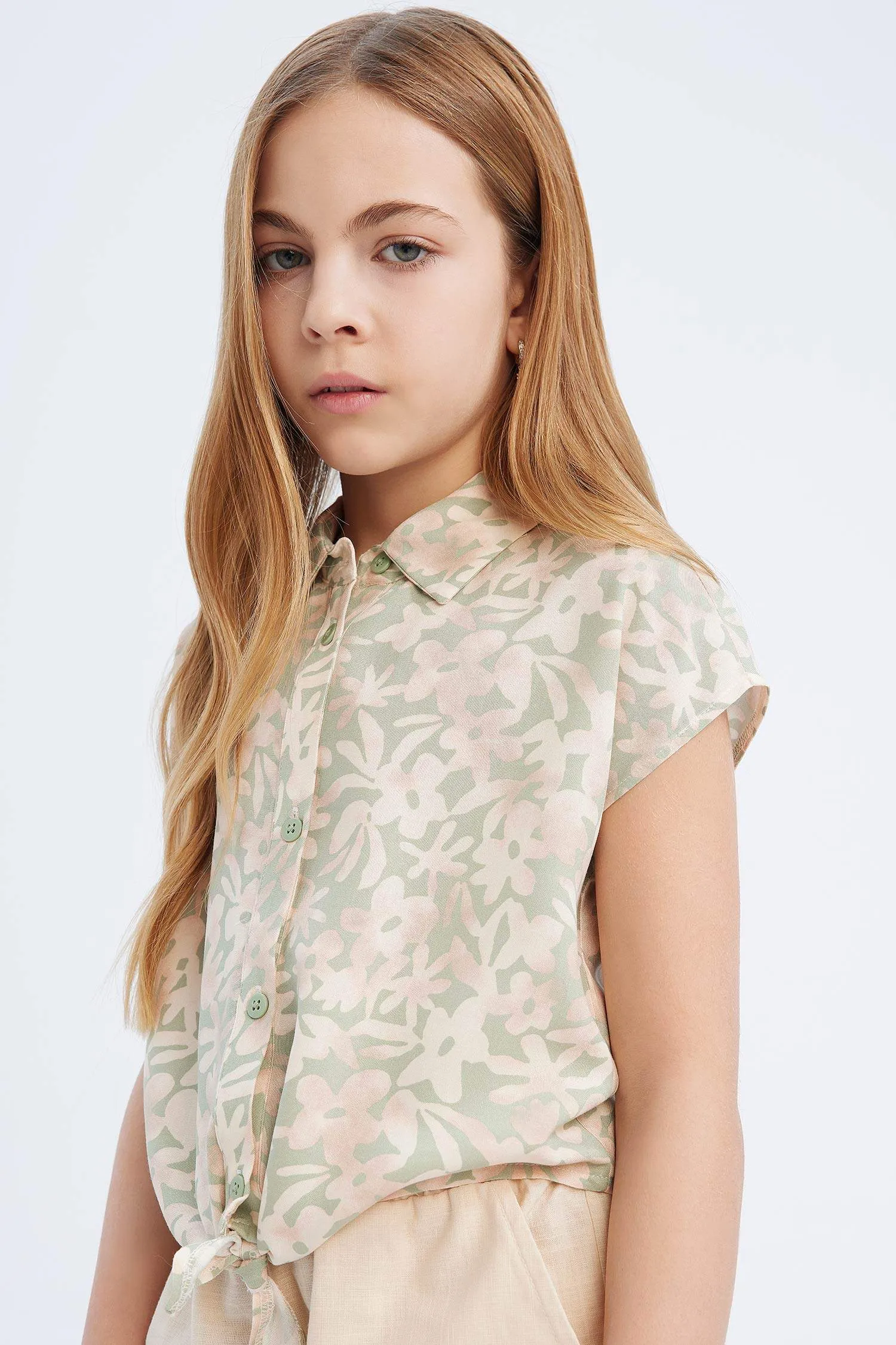 Girls Crop Cotton Pattern Short Sleeve Shirt
