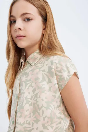 Girls Crop Cotton Pattern Short Sleeve Shirt