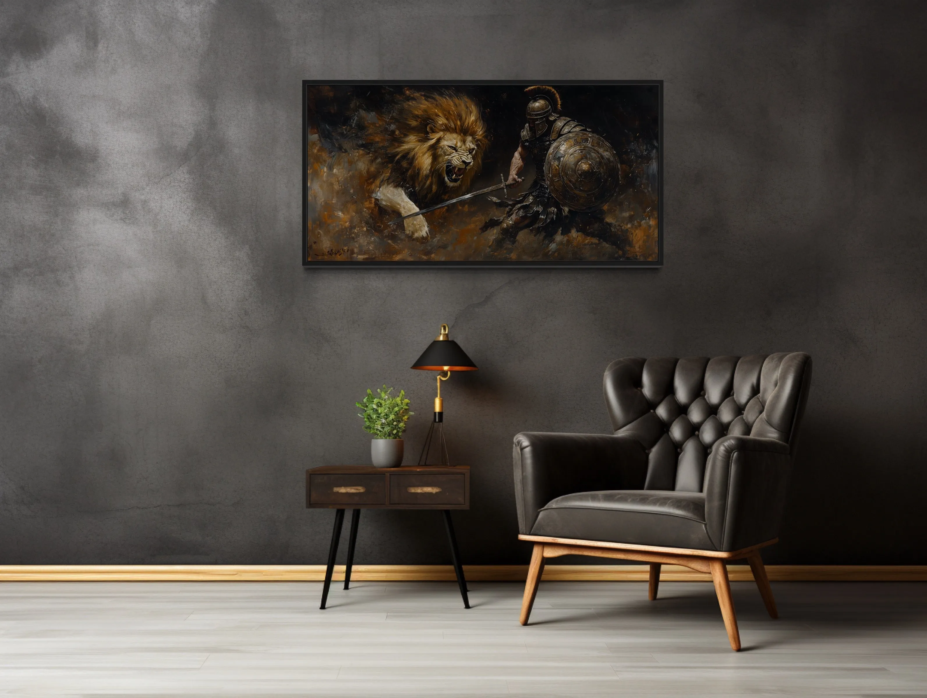 Gladiator Fighting Lion Canvas Wall Art For Man Cave Decor