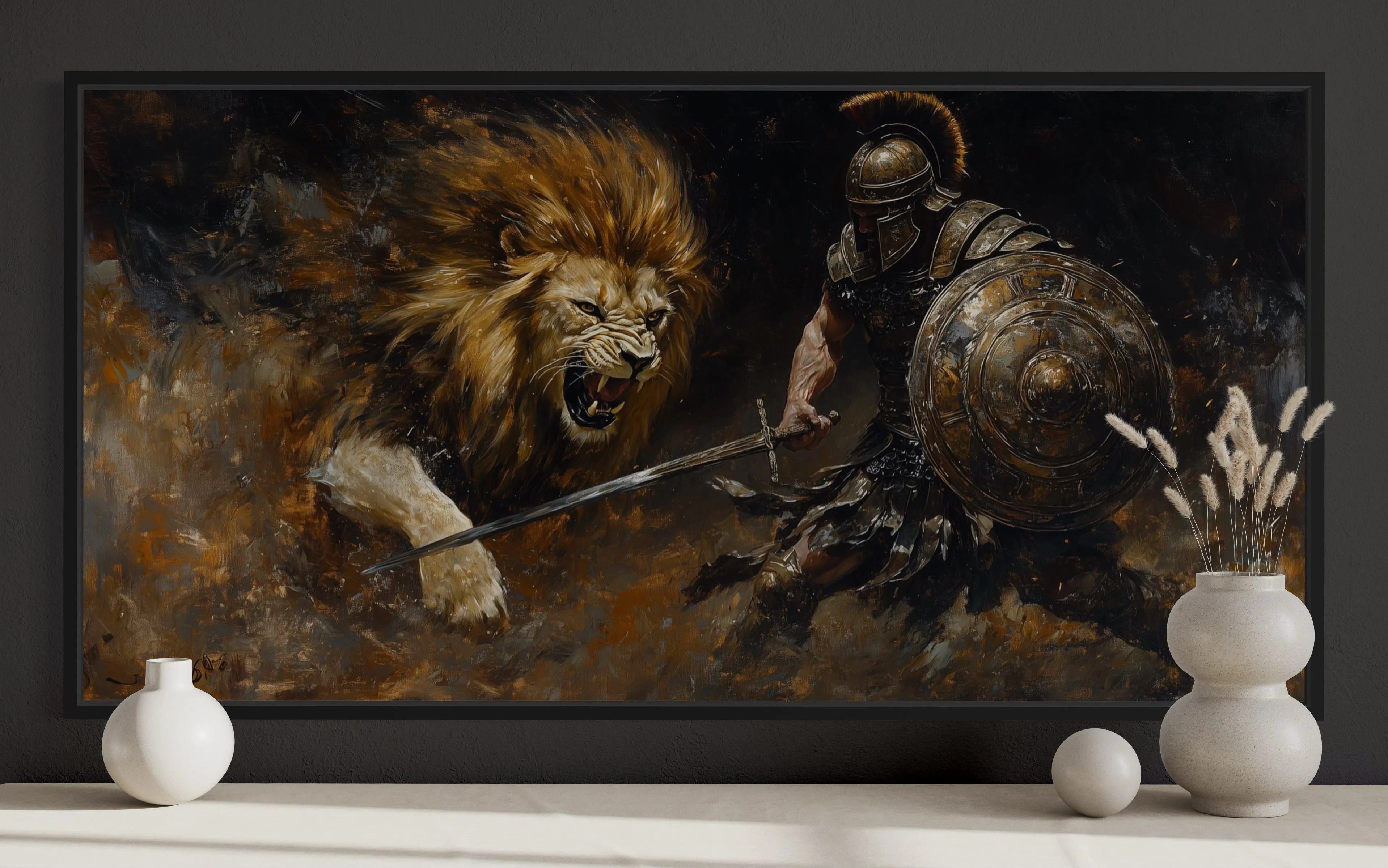 Gladiator Fighting Lion Canvas Wall Art For Man Cave Decor