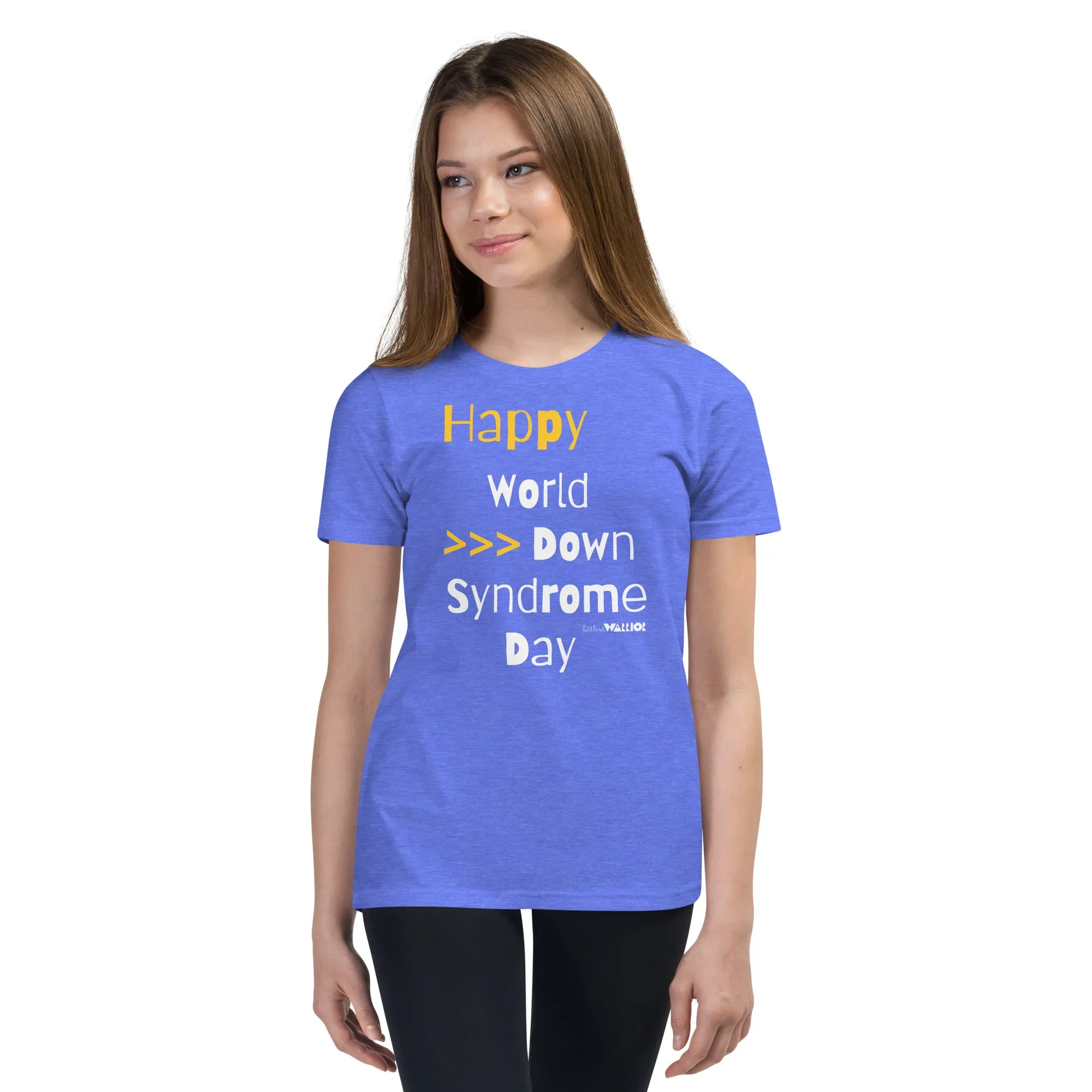 Happy World Down syndrome Day Youth Short Sleeve Tee with QR CODE on back with explanation