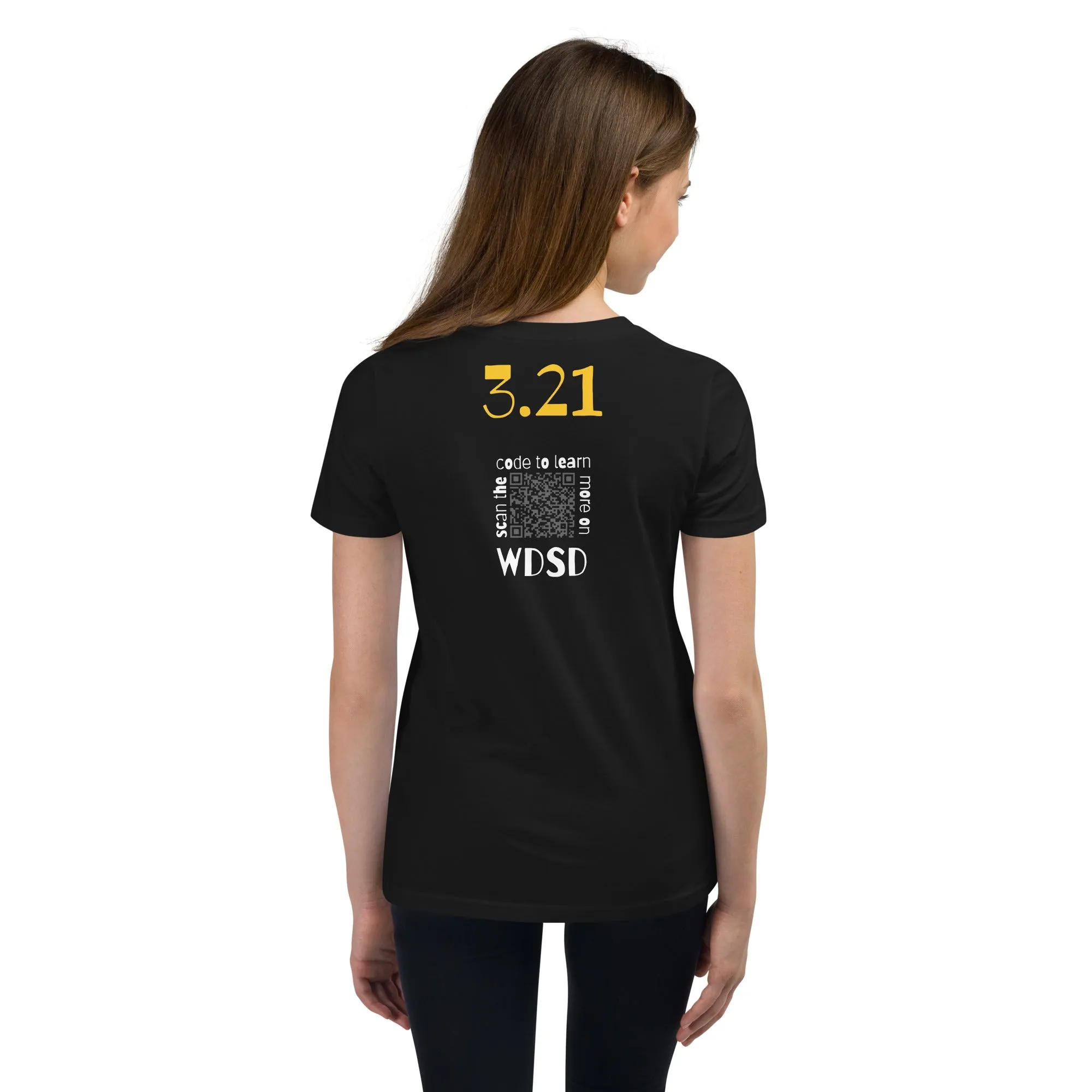 Happy World Down syndrome Day Youth Short Sleeve Tee with QR CODE on back with explanation