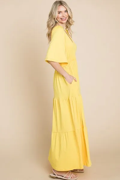 Hazel Blues® |  Culture Code Backless Plunge Half Sleeve Tiered Dress
