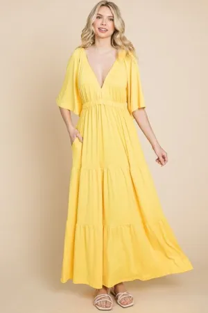Hazel Blues® |  Culture Code Backless Plunge Half Sleeve Tiered Dress
