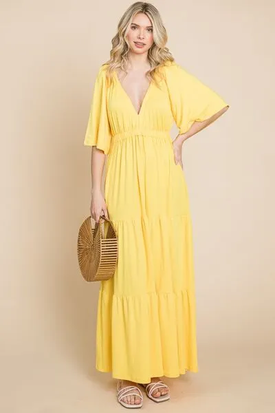 Hazel Blues® |  Culture Code Backless Plunge Half Sleeve Tiered Dress
