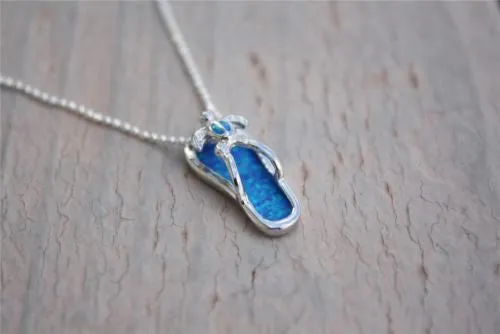 INLAY OPAL HAWAIIAN HONU TURTLE SILVER 925 SLIPPER FLIP FLOP THONG PENDANT