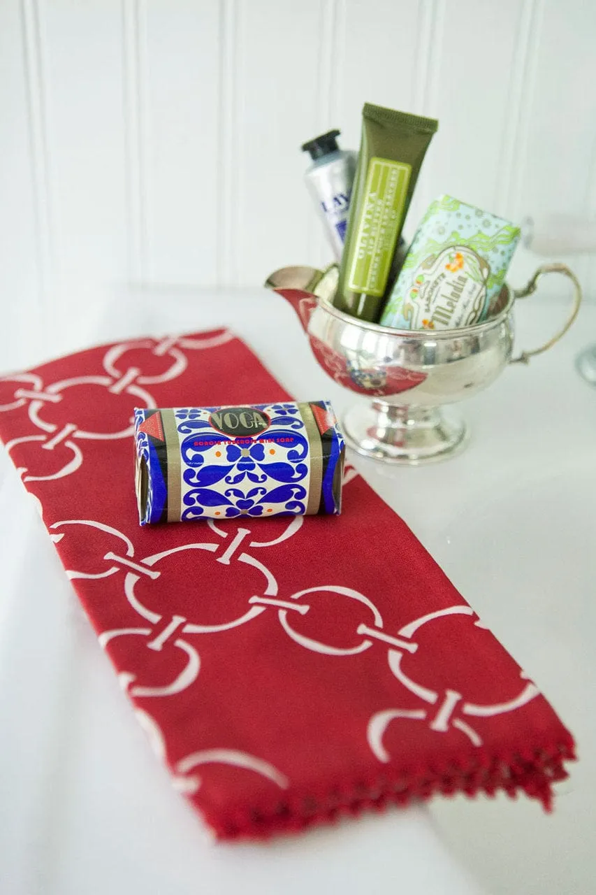linked-up scarlet red printed cloth guest towels