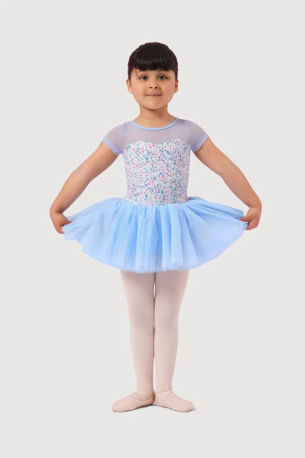 LM51554G - Mirella Ditsy Floral Mesh Cap Sleeve Girls Tutu Dress