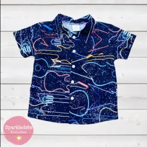 Neon Guitars in Outer Space Woven Button Down Shirt