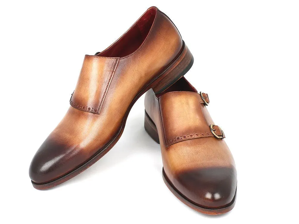 Paul Parkman Men's Hand-Painted Leather Double Monkstraps in Brown & Camel