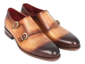 Paul Parkman Men's Hand-Painted Leather Double Monkstraps in Brown & Camel