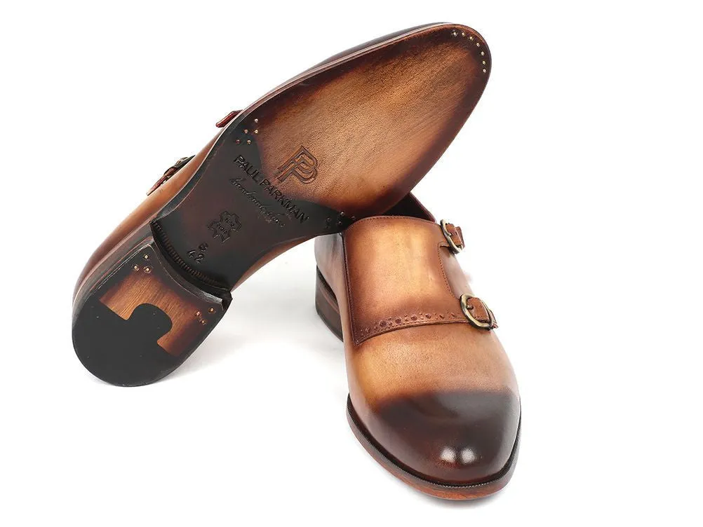 Paul Parkman Men's Hand-Painted Leather Double Monkstraps in Brown & Camel