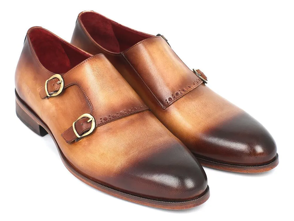Paul Parkman Men's Hand-Painted Leather Double Monkstraps in Brown & Camel