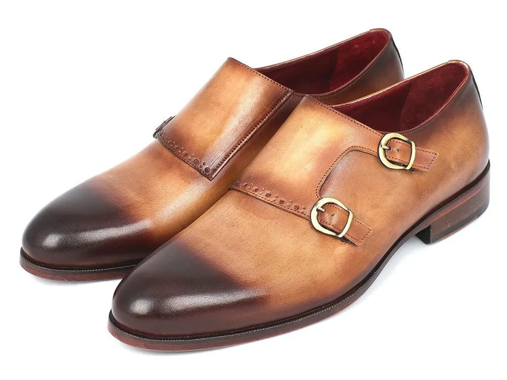 Paul Parkman Men's Hand-Painted Leather Double Monkstraps in Brown & Camel