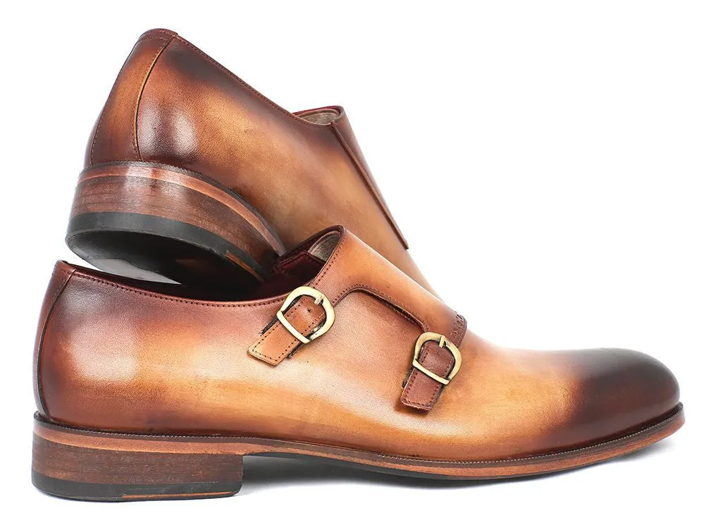 Paul Parkman Men's Hand-Painted Leather Double Monkstraps in Brown & Camel