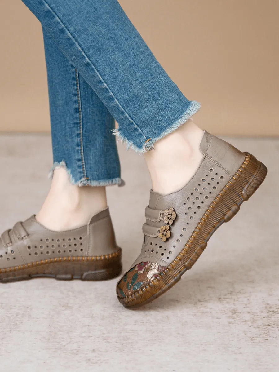 Perforated Upper Floral Embossed Leather Loafer - Grey