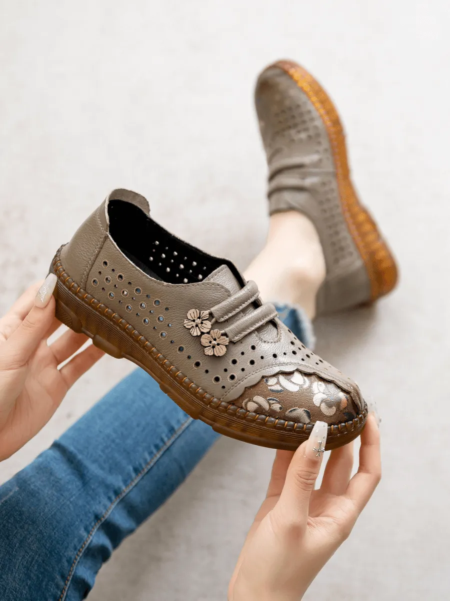 Perforated Upper Floral Embossed Leather Loafer - Grey