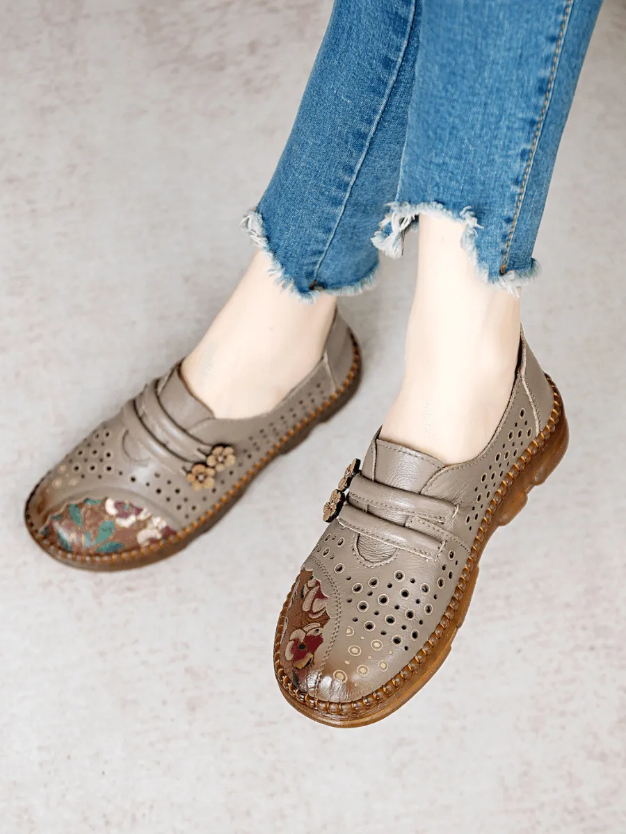 Perforated Upper Floral Embossed Leather Loafer - Grey