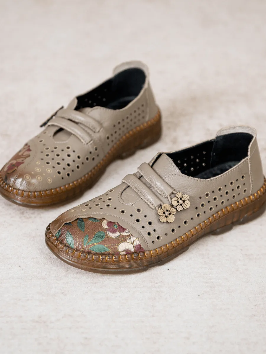 Perforated Upper Floral Embossed Leather Loafer - Grey