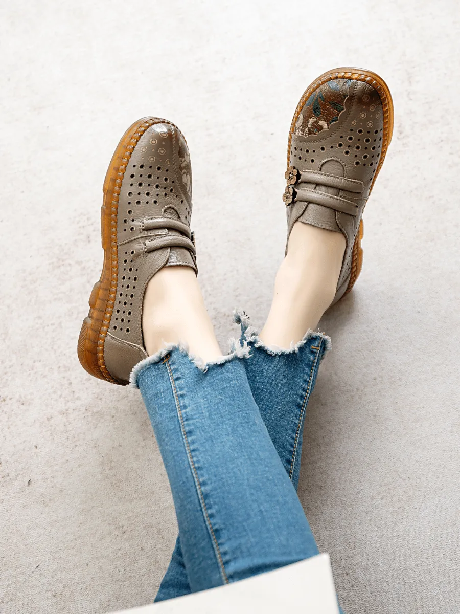 Perforated Upper Floral Embossed Leather Loafer - Grey