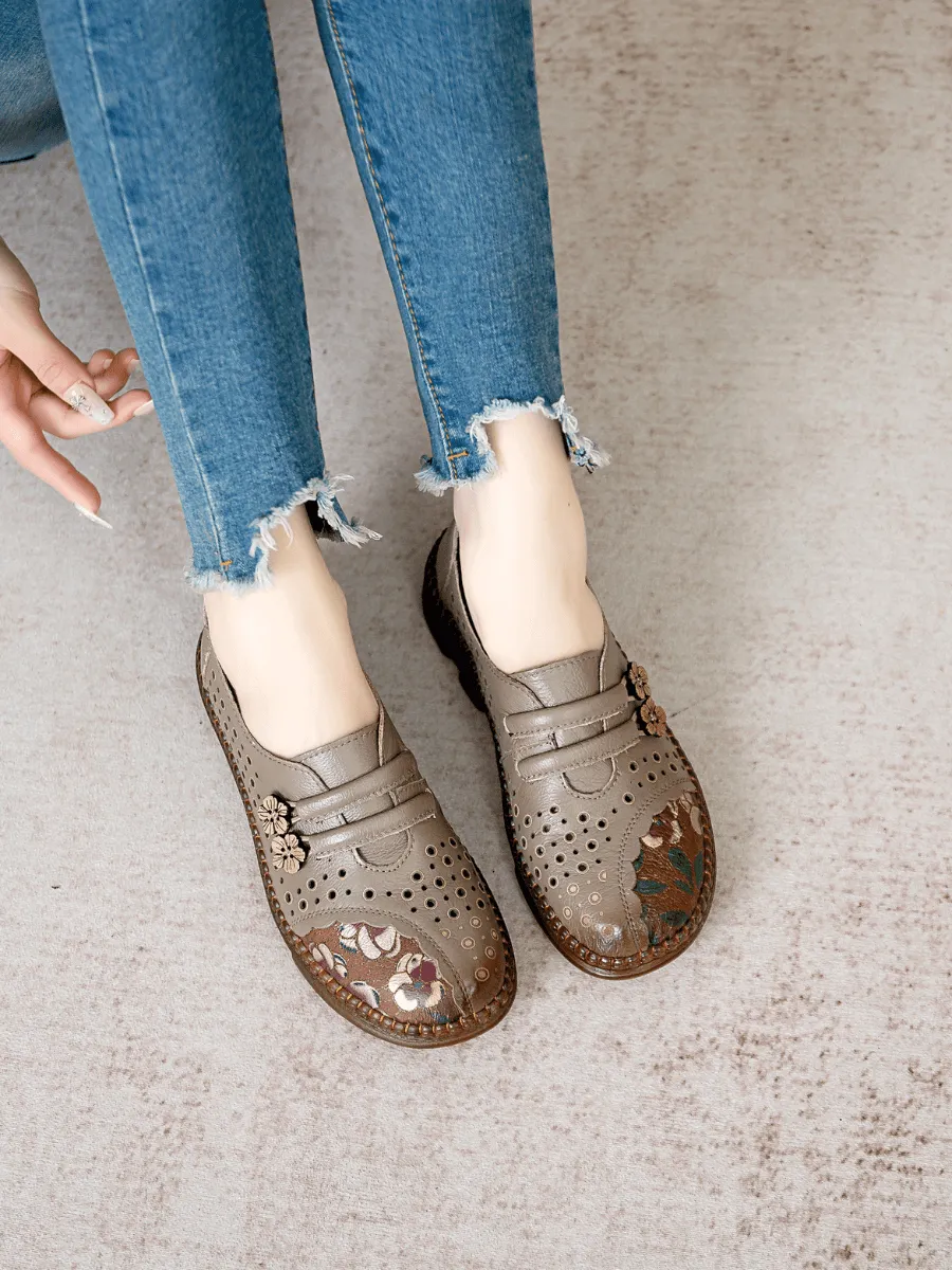 Perforated Upper Floral Embossed Leather Loafer - Grey