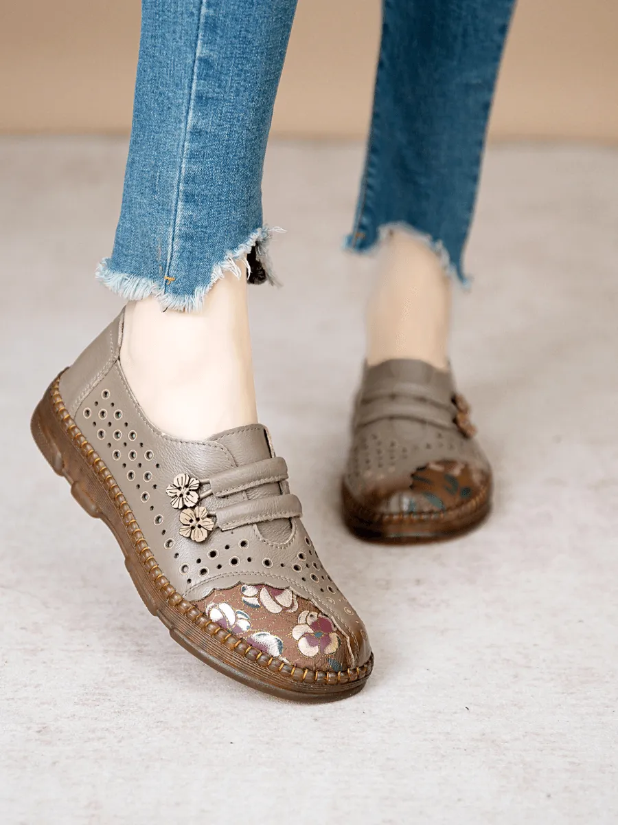 Perforated Upper Floral Embossed Leather Loafer - Grey