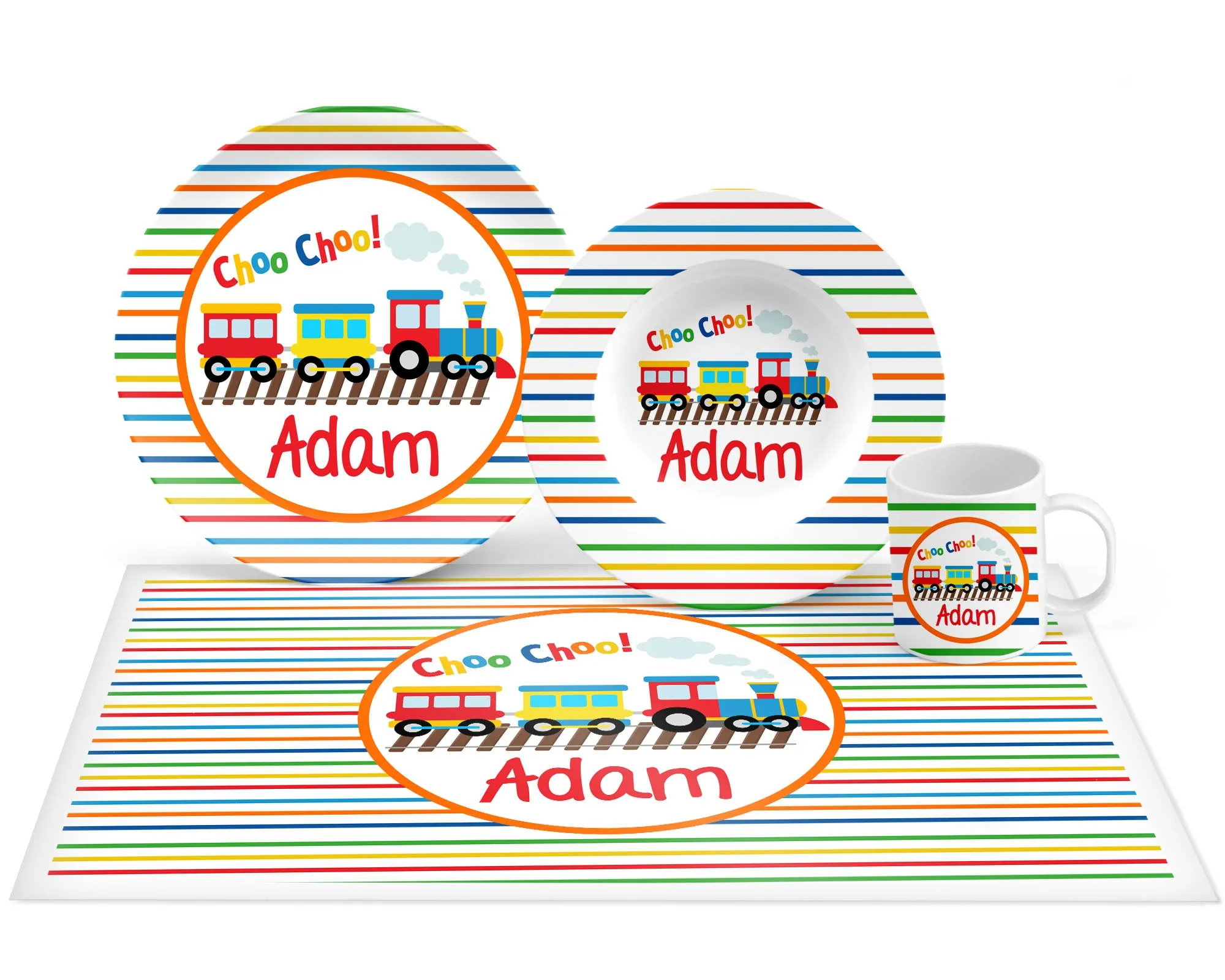 Personalized Train Plate, Bowl, Mug, Placemat Set - Choose Your Pieces