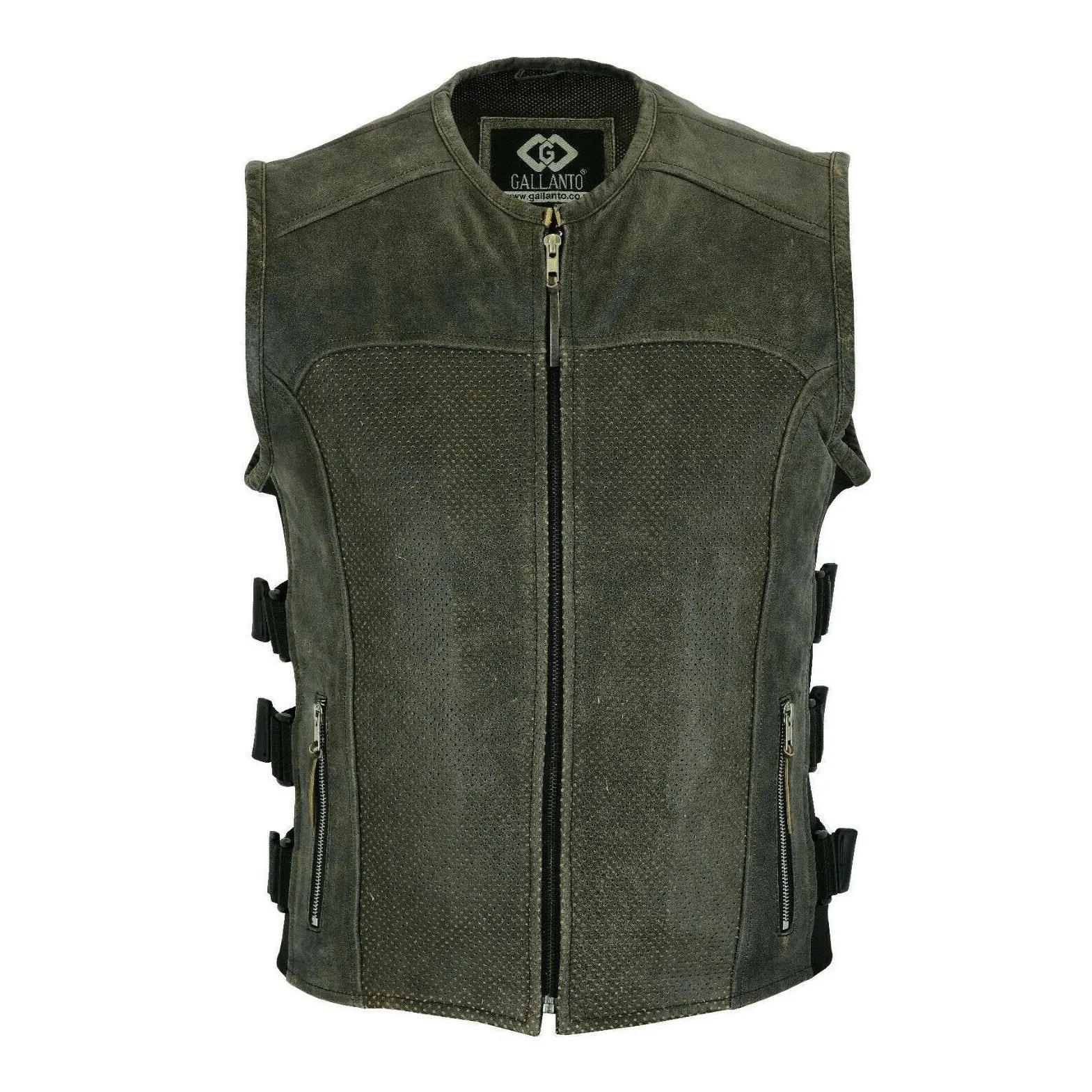 Premium Perforated Stonewash Distressed Leather Motorcycle Biker Vest Waistcoat