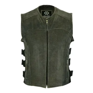 Premium Perforated Stonewash Distressed Leather Motorcycle Biker Vest Waistcoat