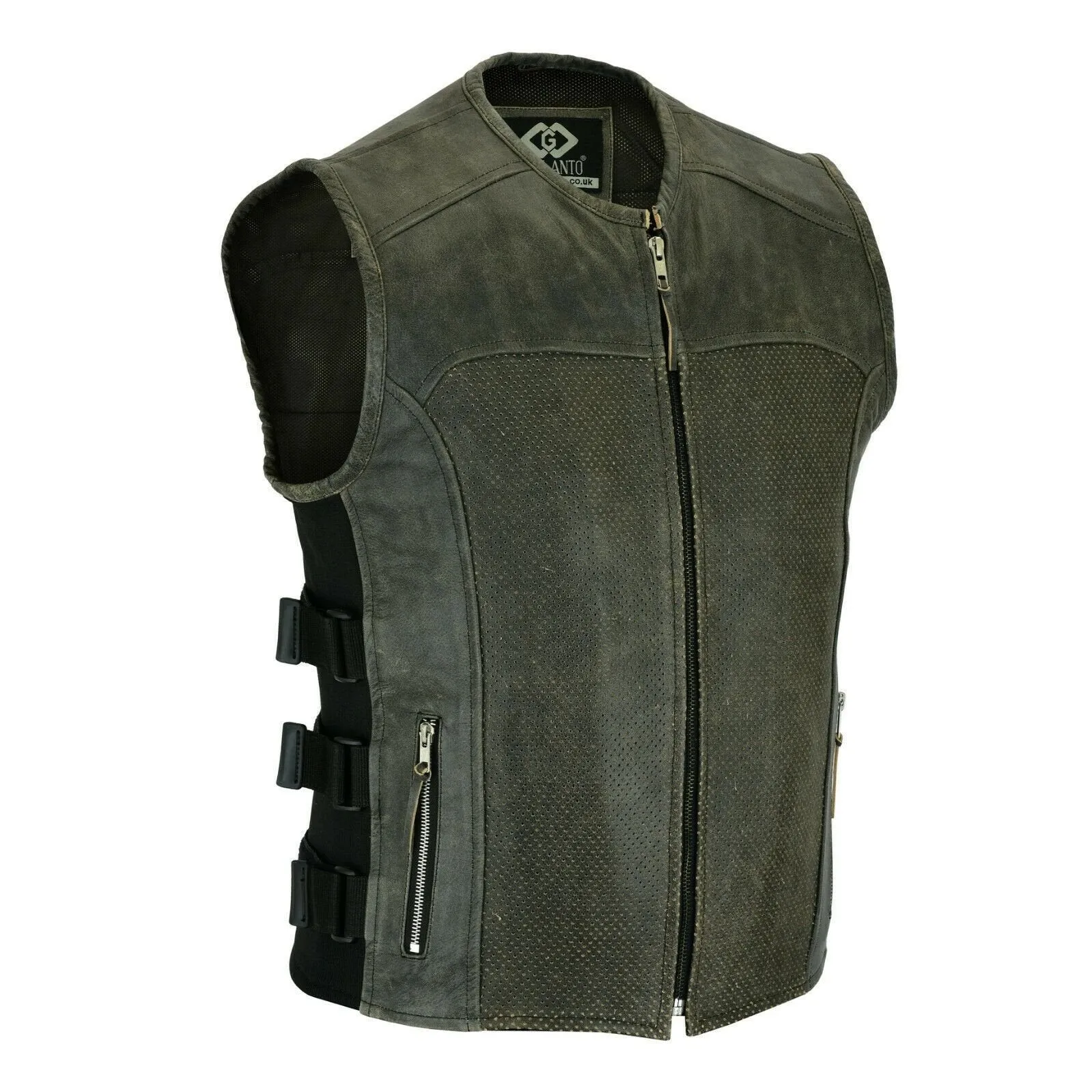 Premium Perforated Stonewash Distressed Leather Motorcycle Biker Vest Waistcoat