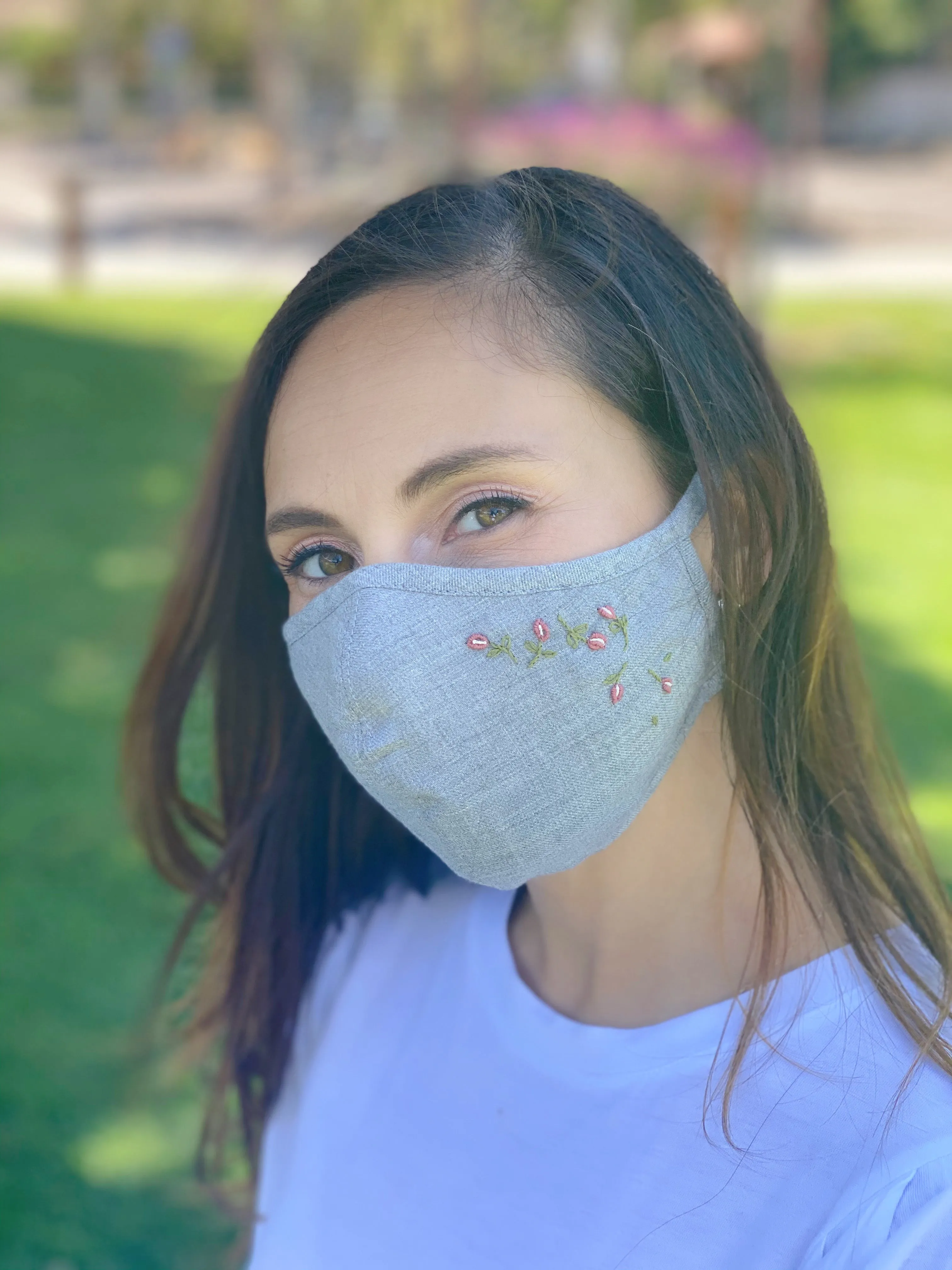 "Be Safe. Be Kind" Hand Embroidered Adjustable Heirloom Mask - Falling Rose Buds, Grey