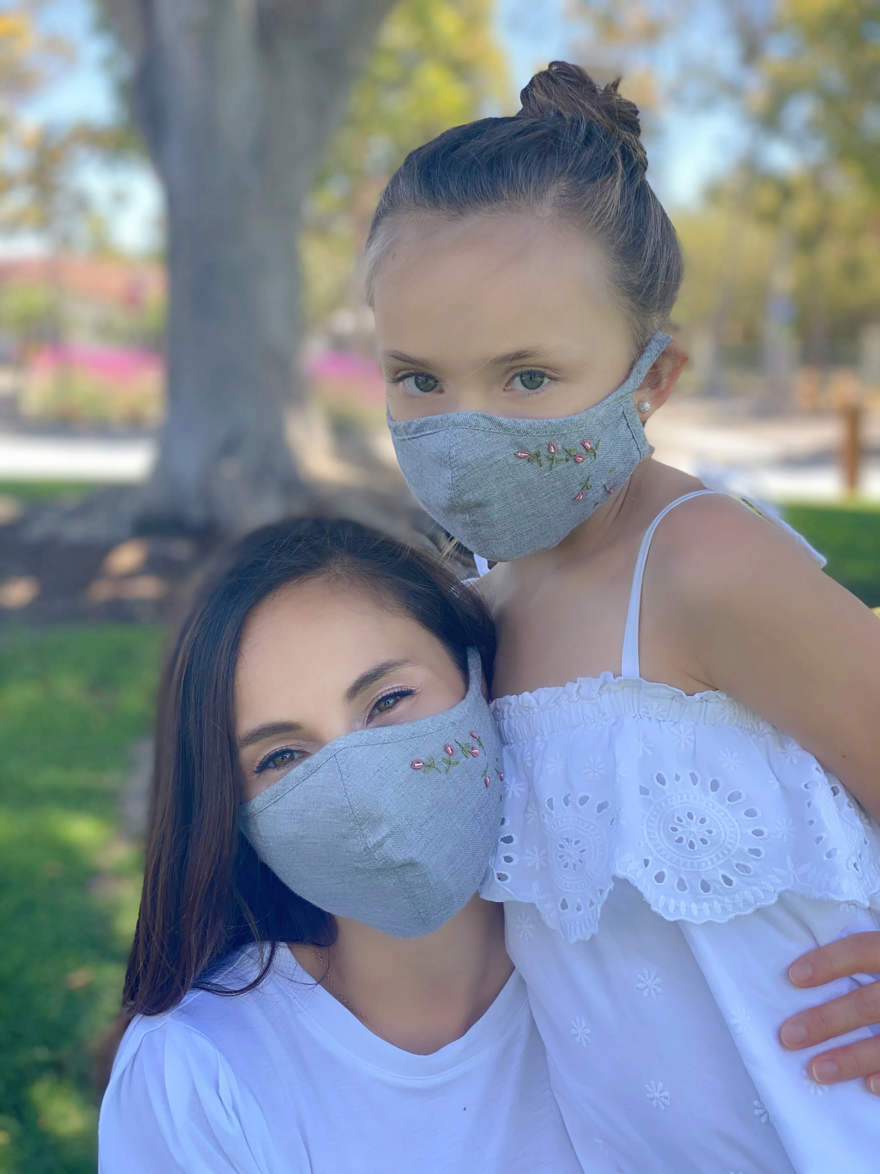 "Be Safe. Be Kind" Hand Embroidered Adjustable Heirloom Mask - Falling Rose Buds, Grey