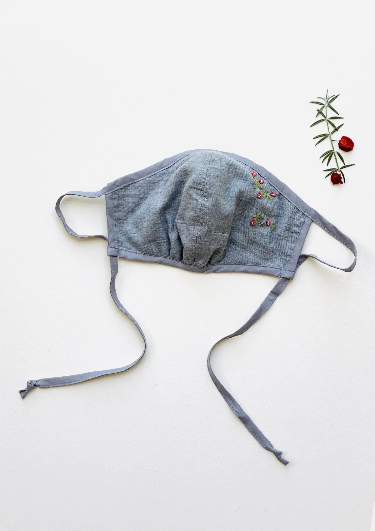 "Be Safe. Be Kind" Hand Embroidered Adjustable Heirloom Mask - Falling Rose Buds, Grey