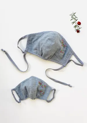 "Be Safe. Be Kind" Hand Embroidered Adjustable Heirloom Mask - Falling Rose Buds, Grey