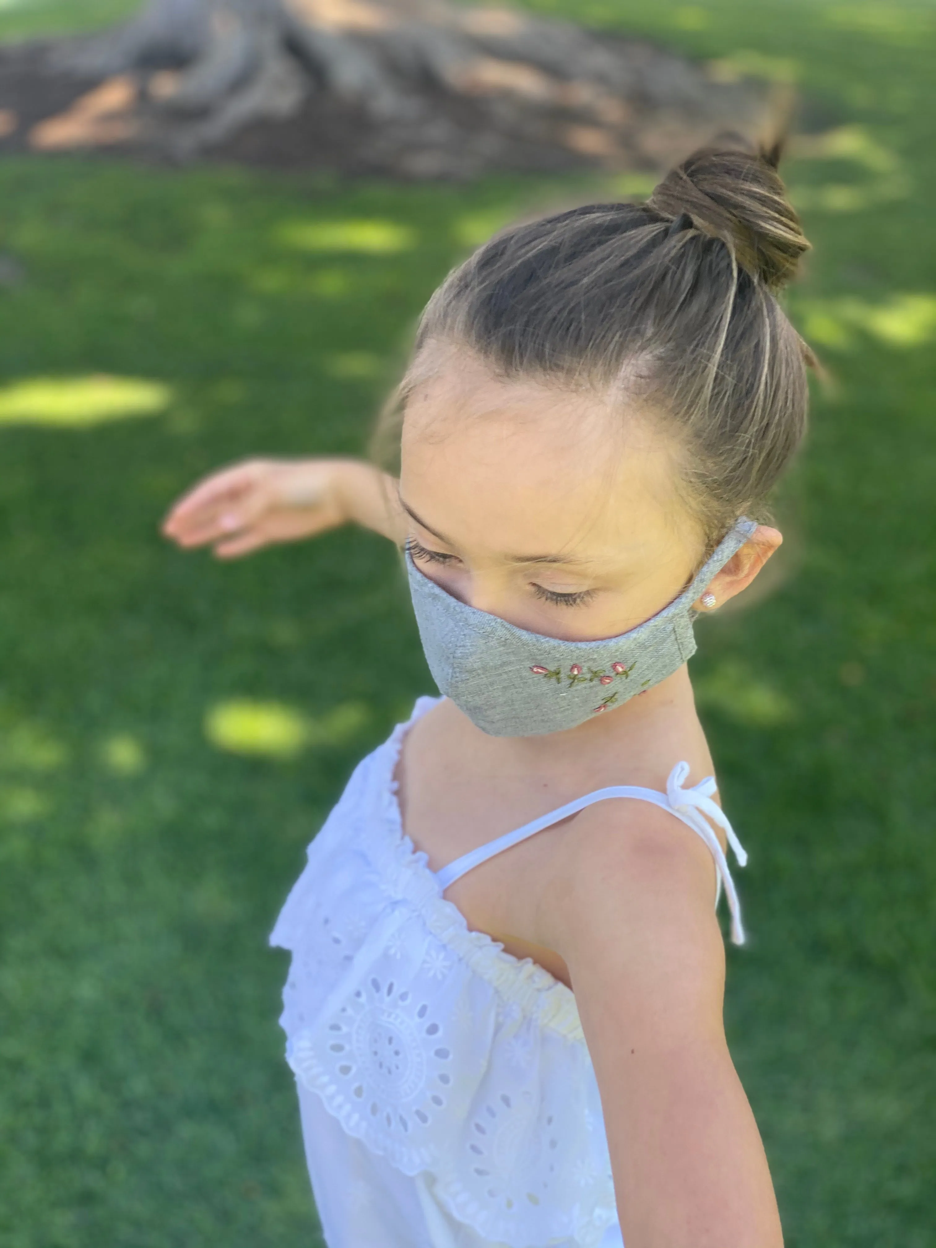 "Be Safe. Be Kind" Hand Embroidered Adjustable Heirloom Mask - Falling Rose Buds, Grey