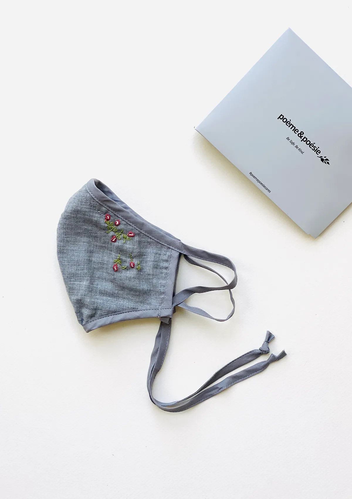 "Be Safe. Be Kind" Hand Embroidered Adjustable Heirloom Mask - Falling Rose Buds, Grey