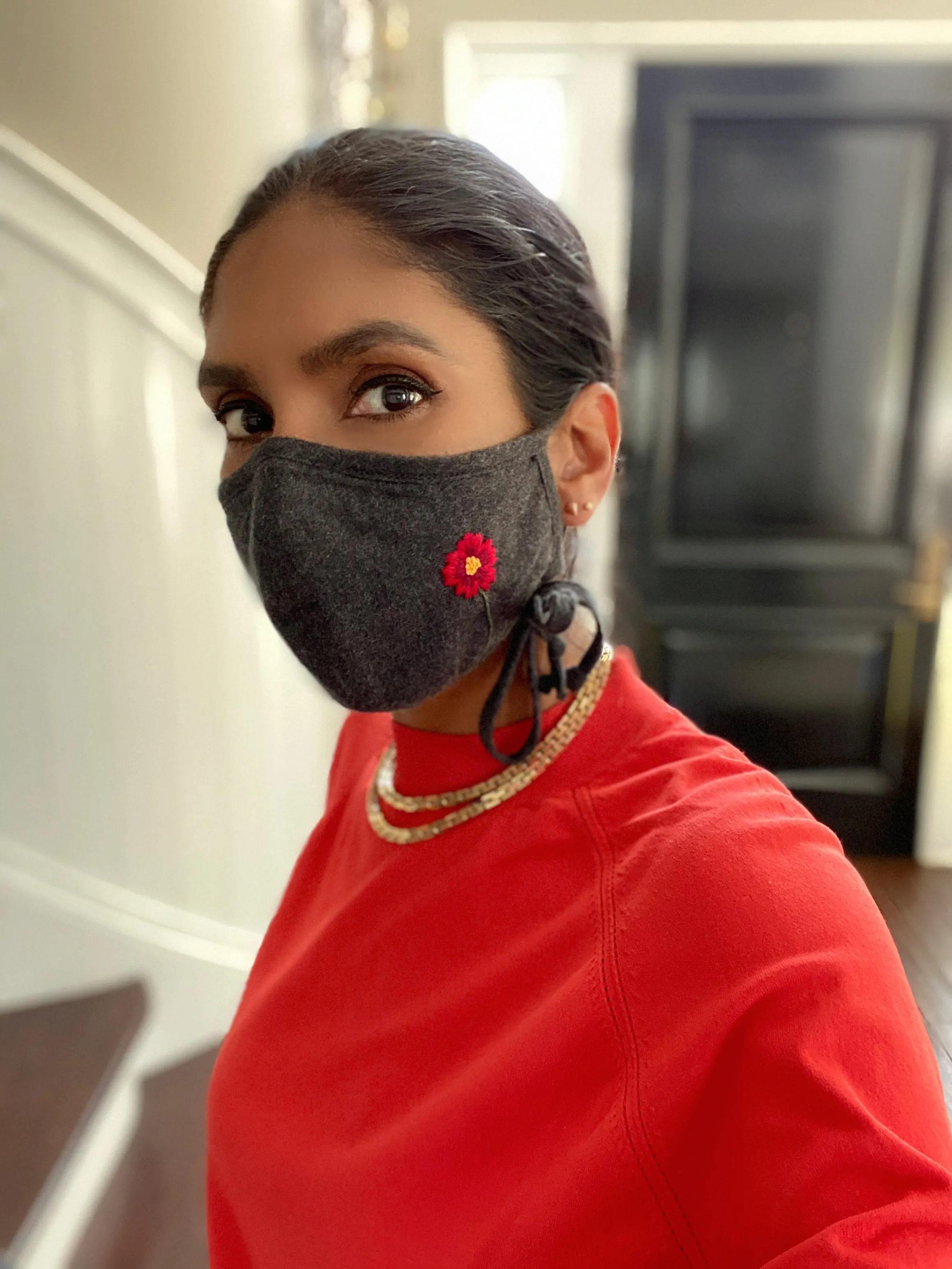 "Be Safe. Be Kind" Hand Embroidered Heirloom Mask, Adjustable - The Poppy, Charcoal