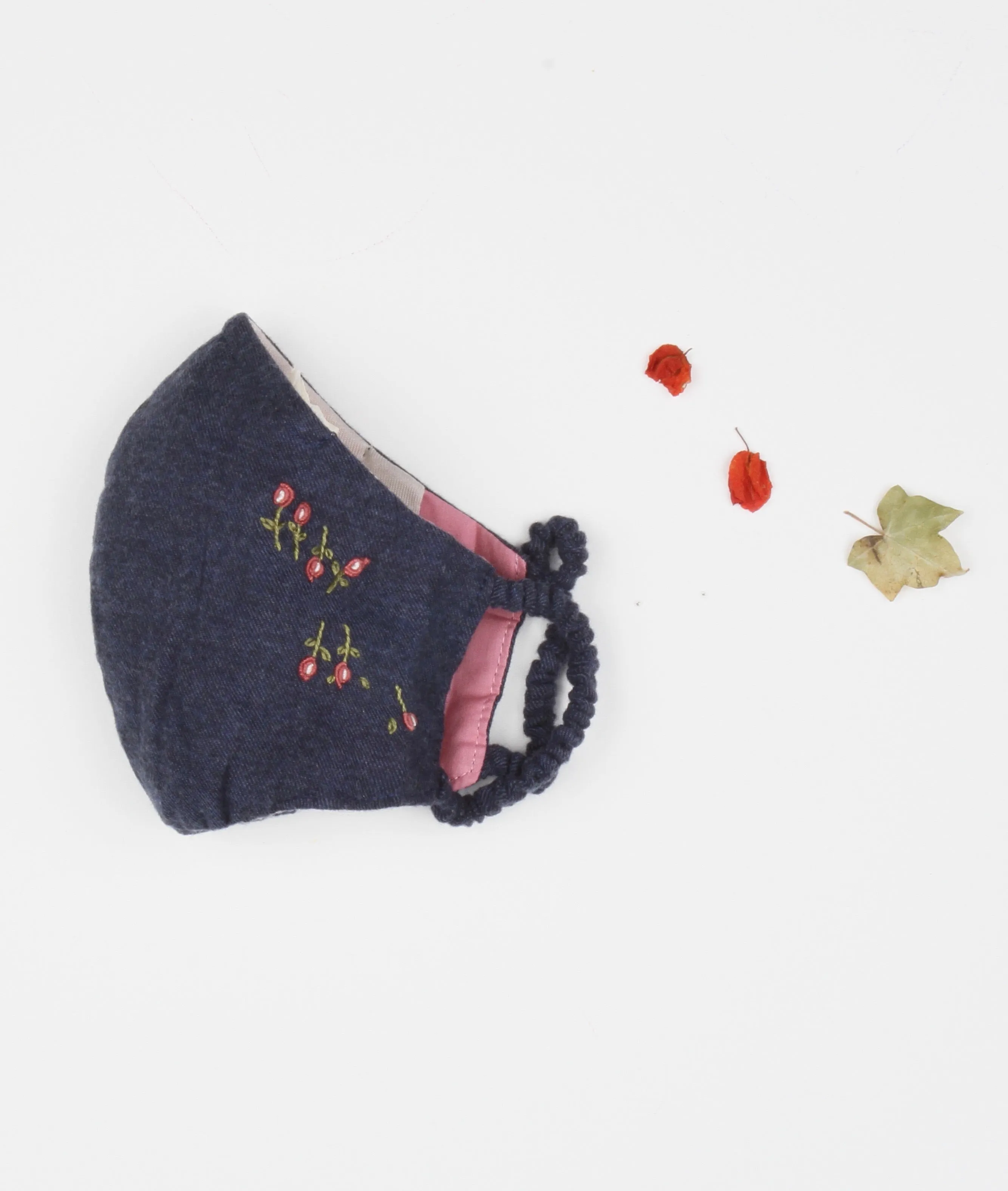 "Be Safe. Be Kind" Hand Embroidered Heirloom Mask - Falling Rose Buds, Navy