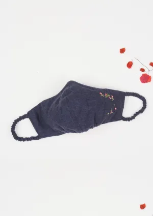 "Be Safe. Be Kind" Hand Embroidered Heirloom Mask - Falling Rose Buds, Navy