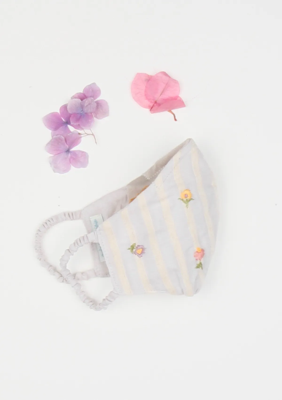 "Be Safe. Be Kind" Hand Embroidered Heirloom Mask - Flowers in the Wind, Dove Grey