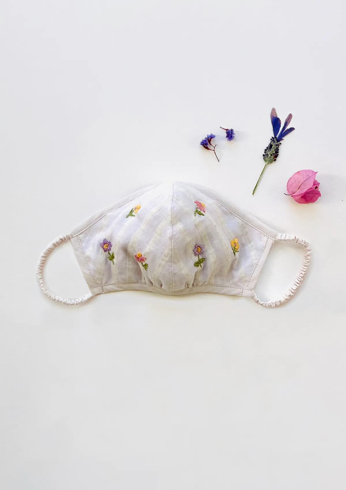 "Be Safe. Be Kind" Hand Embroidered Heirloom Mask - Flowers in the Wind, Eggshell
