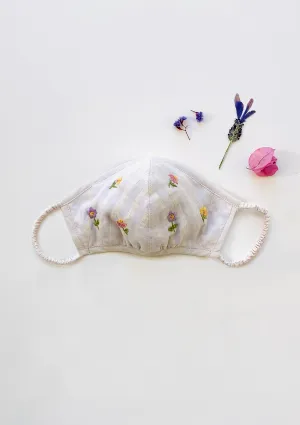 "Be Safe. Be Kind" Hand Embroidered Heirloom Mask - Flowers in the Wind, Eggshell
