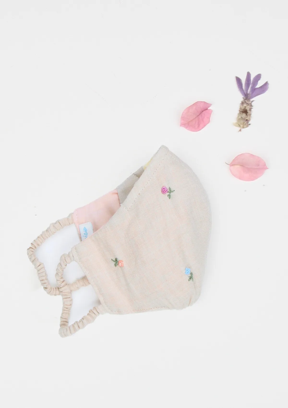 "Be Safe. Be Kind" Hand Embroidered Heirloom Mask - Scattered Roses, Nude