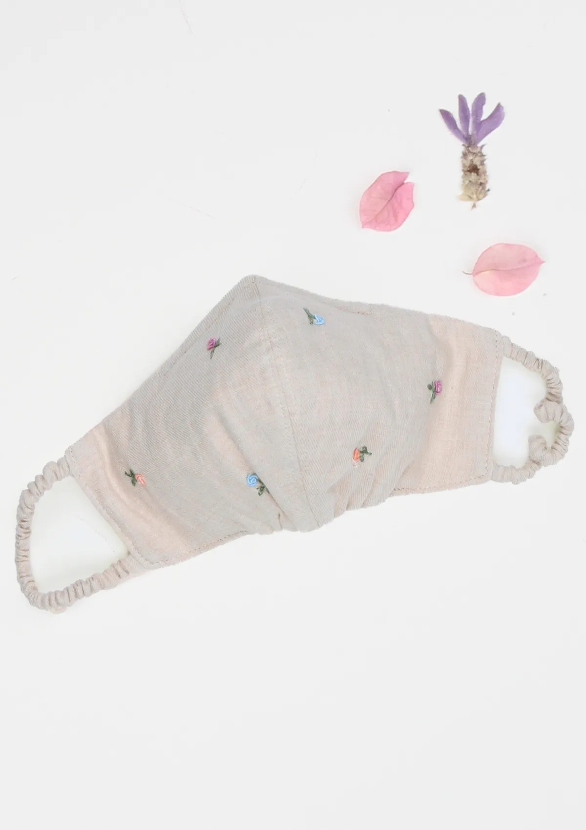 "Be Safe. Be Kind" Hand Embroidered Heirloom Mask - Scattered Roses, Nude