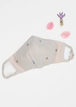 "Be Safe. Be Kind" Hand Embroidered Heirloom Mask - Scattered Roses, Nude