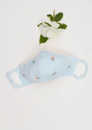 "Be Safe. Be Kind" Hand Embroidered Heirloom Mask - Scattered Roses, Swiss Dot, Powder Blue